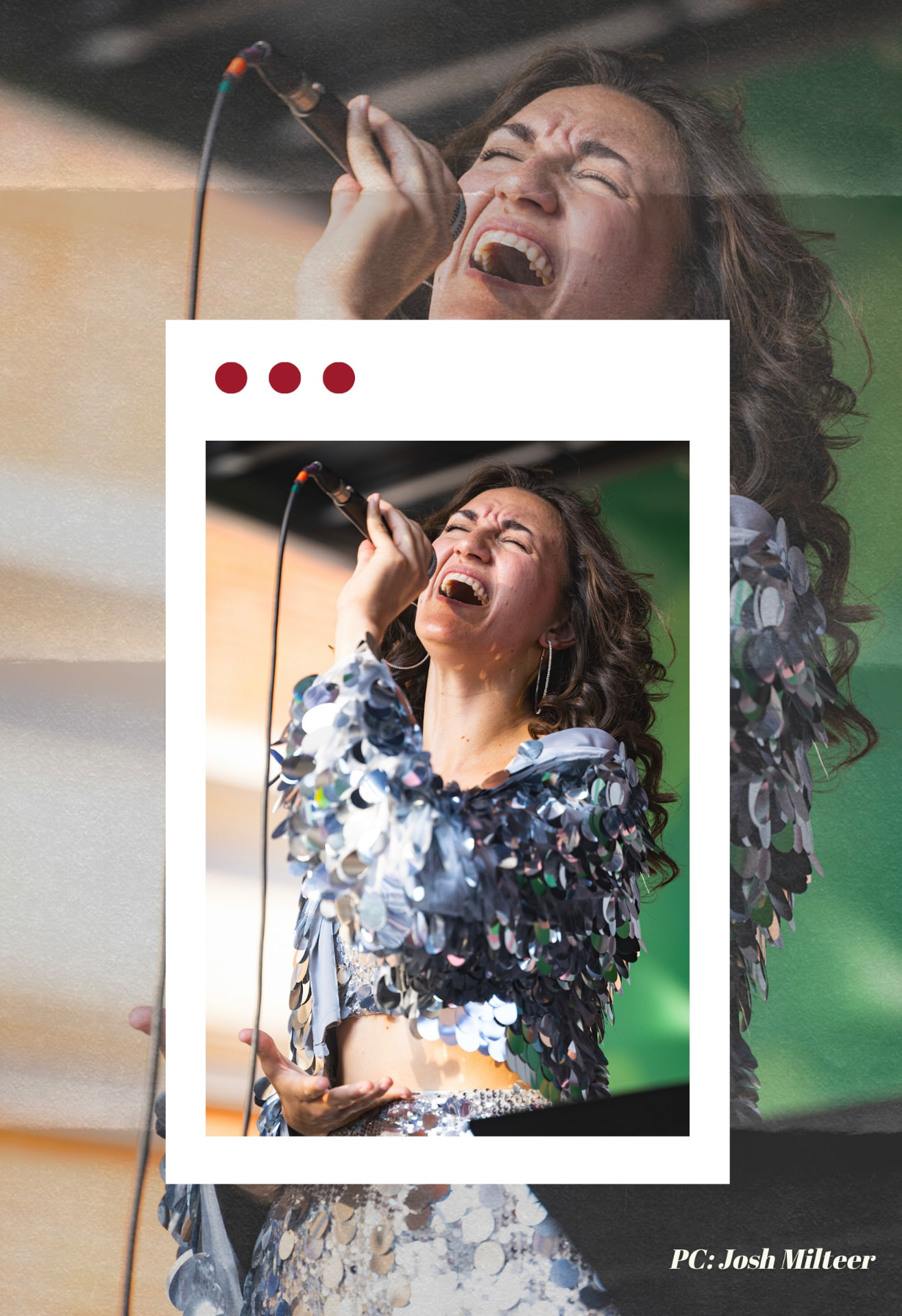 Megan Paullet singing in silver sequined outfit